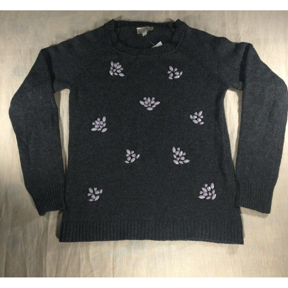 NWT Loft Gray Sweater With Light Purple Bead Clusters Cotton Blend